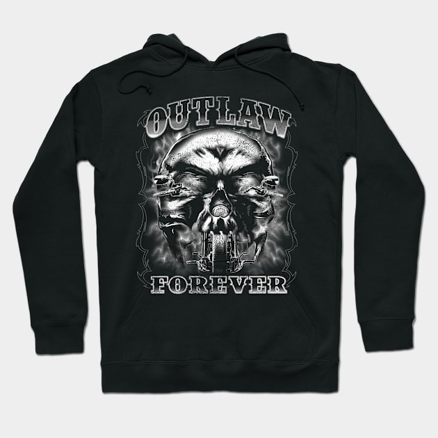 Outlaw Forever Flaming Skull Bike (black and white) Hoodie by Cattle and Crow